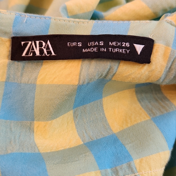 Zara Puff Sleeve Tie Back Midi Maxi Dress Blue and Yellow Checked Size Small - Picture 6 of 9